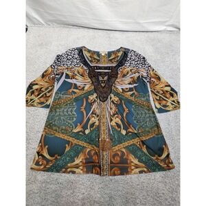 Live and Let Live Womens Blouse Boho Tunic Top‎ rhinestones 2XL Gold & Green